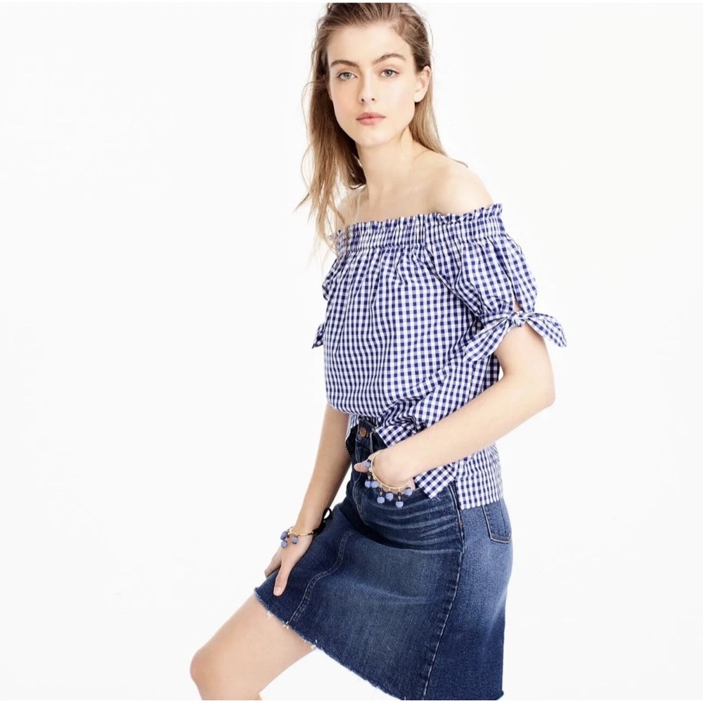 J. Crew Gingham Checked Tie Sleeve Off The Shoulder Blouse Blue/White Size 8